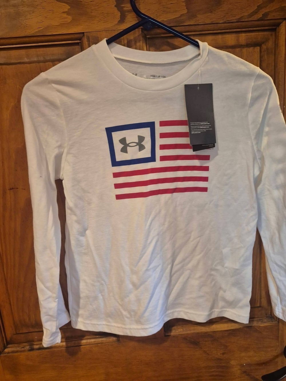 Under Armour White Long-Sleeve Tee with Red & Blue Flag Graphic